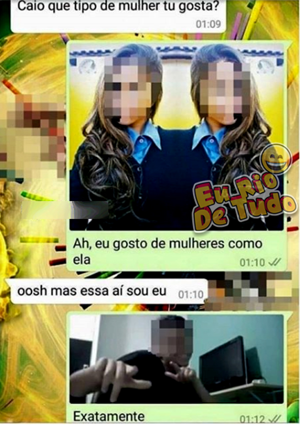 conversa de whatsapp mostrando garota perguntando qual tipo de garota ele gosta, só que ela mandou uma foto dela e ele falou que gosta desse tipo mesmo, igual a ela. 